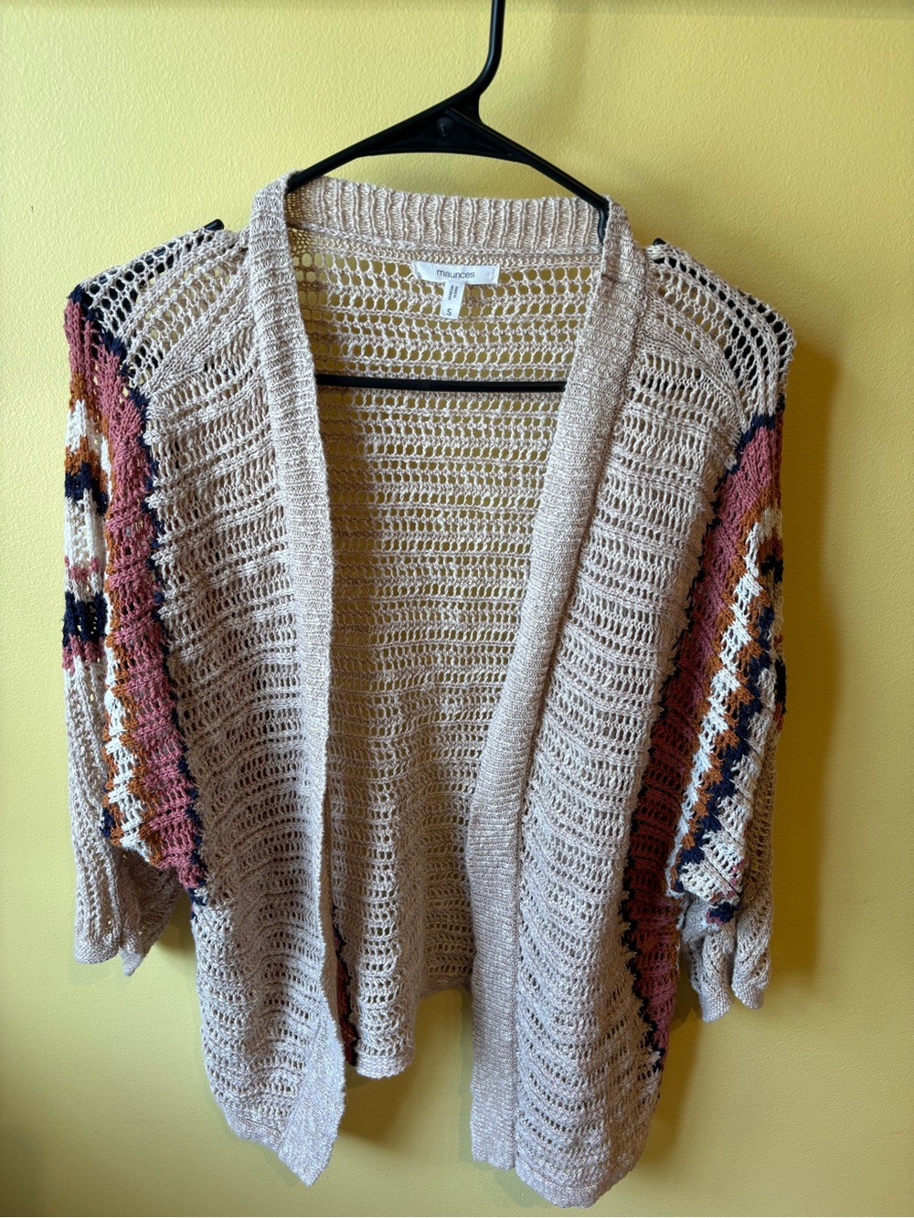 Maurices Cream Open-Knit Cardigan with Rust and Navy Patterned Sleeves - Picture 1 of 5